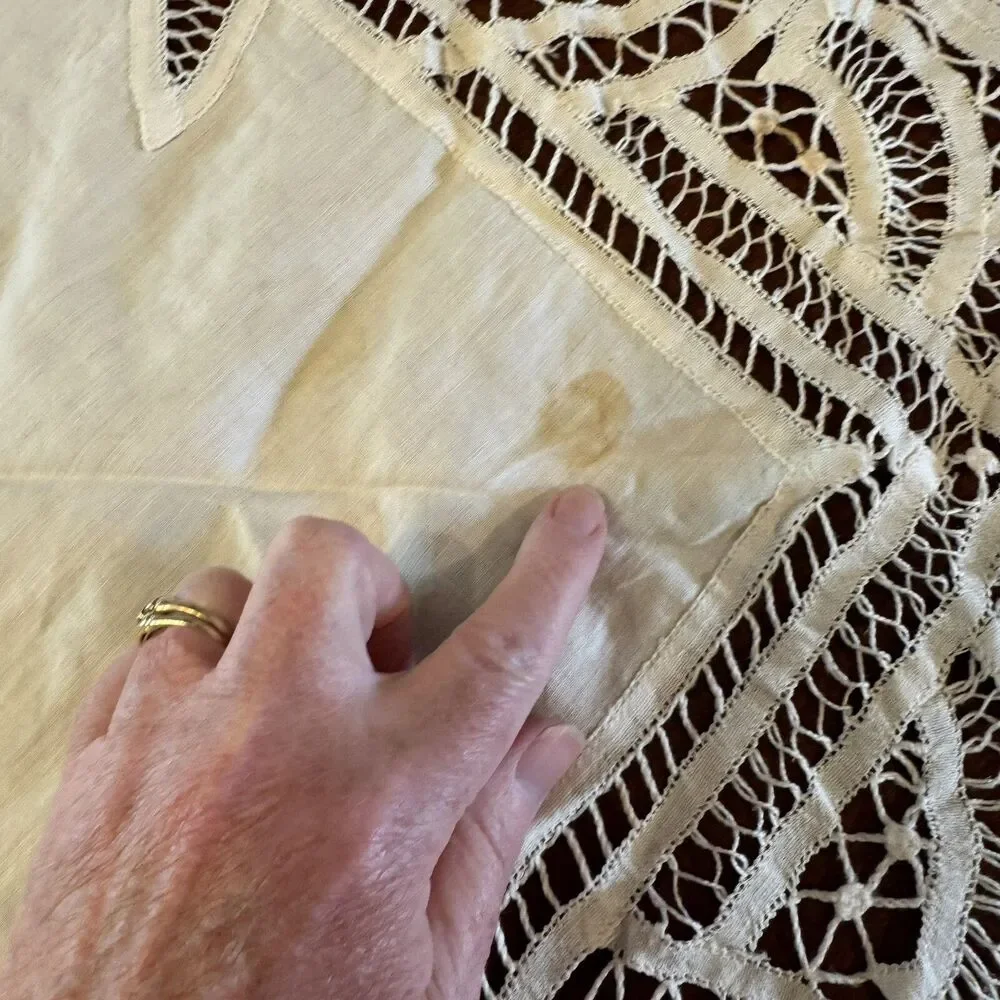 Antique TableCloth Battenburg Lace Handmade 44” Square With Hand Stitches Cotton